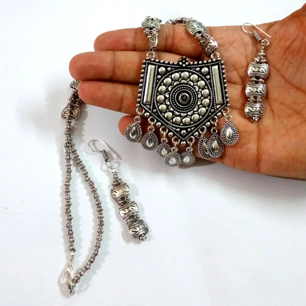 Festive Special Silver Color Oxidised Necklace With Earrings