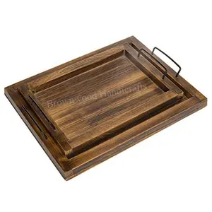 Hot Sale Pine Wood Bandeja Grande Servir com Metal Handle Conjunto de 2 Bandeja De Madeira Artesanal no Preço de Atacado de Fábrica