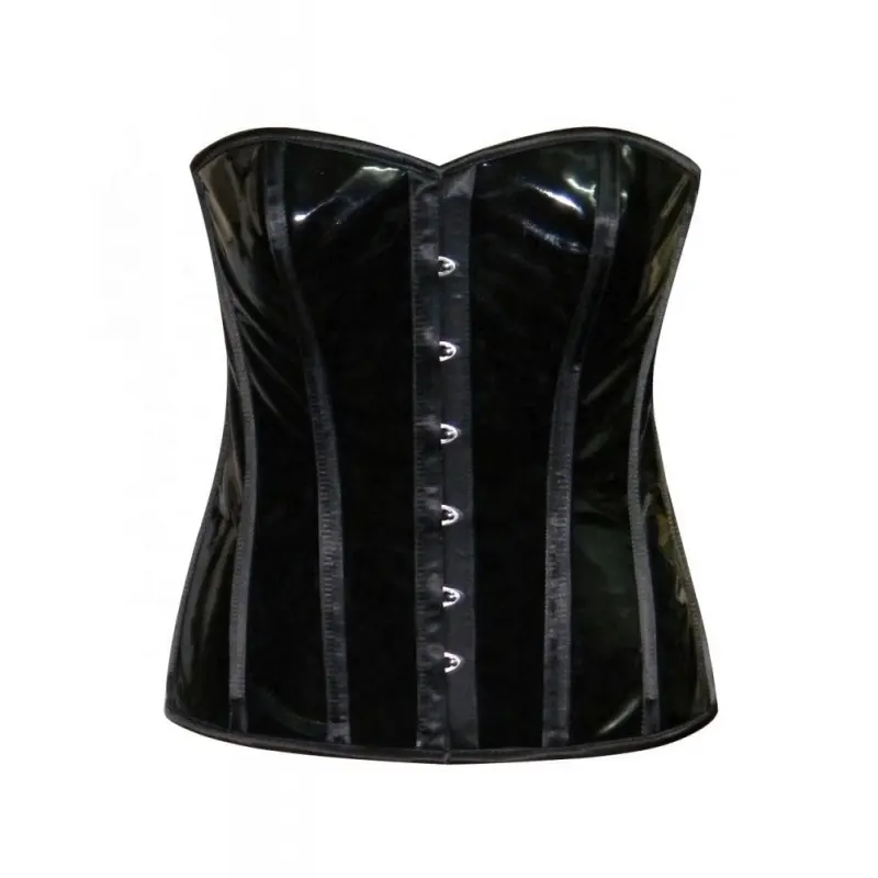 COSH CORSET Overbust Steelboned Preto Wet PVC Espartilho Com Black Satin Desosse Personalizado Moda E Fitness Wear Espartilho