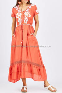 ผู้หญิงโมเดิร์นออกแบบอินเทรนด์สีส้มและสีขาวความคมชัดปักปุ่มด้านหน้า Tie เอว Ruffle Hem ผู้หญิงรีสอร์ทสวมชุด Maxi R - Product Image 4