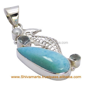 Bijoux fins en argent faits à la main pendentif Rare bleu ciel Larimar pierre précieuse or symbole chrétien fournisseur indien pendentifs breloques - Product Image 2