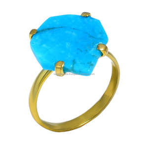 Genuine Turquoise Gemstone Gold Plated Solid .925 Sterling Silver Prong <b>Ring</b> Handmade Jewellery Wholesaler Manufacturer by CDP - Product Image 1
