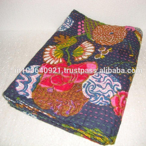 Dark Blue Fruit Print Kantha Quilt Pure Cotton Made in India Blanket Throw <b>Bedspread</b> Ikat Tropical Boho Bohemian Bedding - Product Image 2