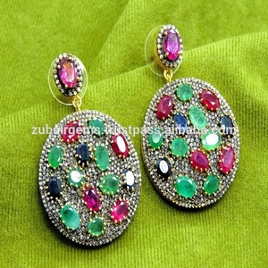 Pendiente de zafiro azul Natural y diamantes, Esmeralda, Plata de Ley 925 - Product Image 3