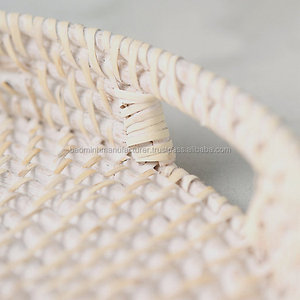 <b>White</b> Washed Color Rattan Round Tray with Handle, Crafted in Vietnam - Product Image 5