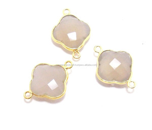 24K chapado en oro hermosa Calcedonia gris 12X12mm facetado trébol bisel piedra de nacimiento Boho conector para joyería de declaración - Product Image 2