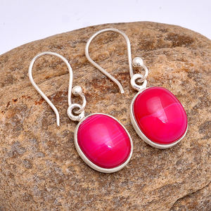 Cabochon Pink Lace Agate Oval Gemstone 925 Sterling <b>Silver</b> Dangle <b>Earrings</b> <b>Silver</b> Plated Fashionable <b>Earring</b> for <b>Women</b>. - Product Image 3