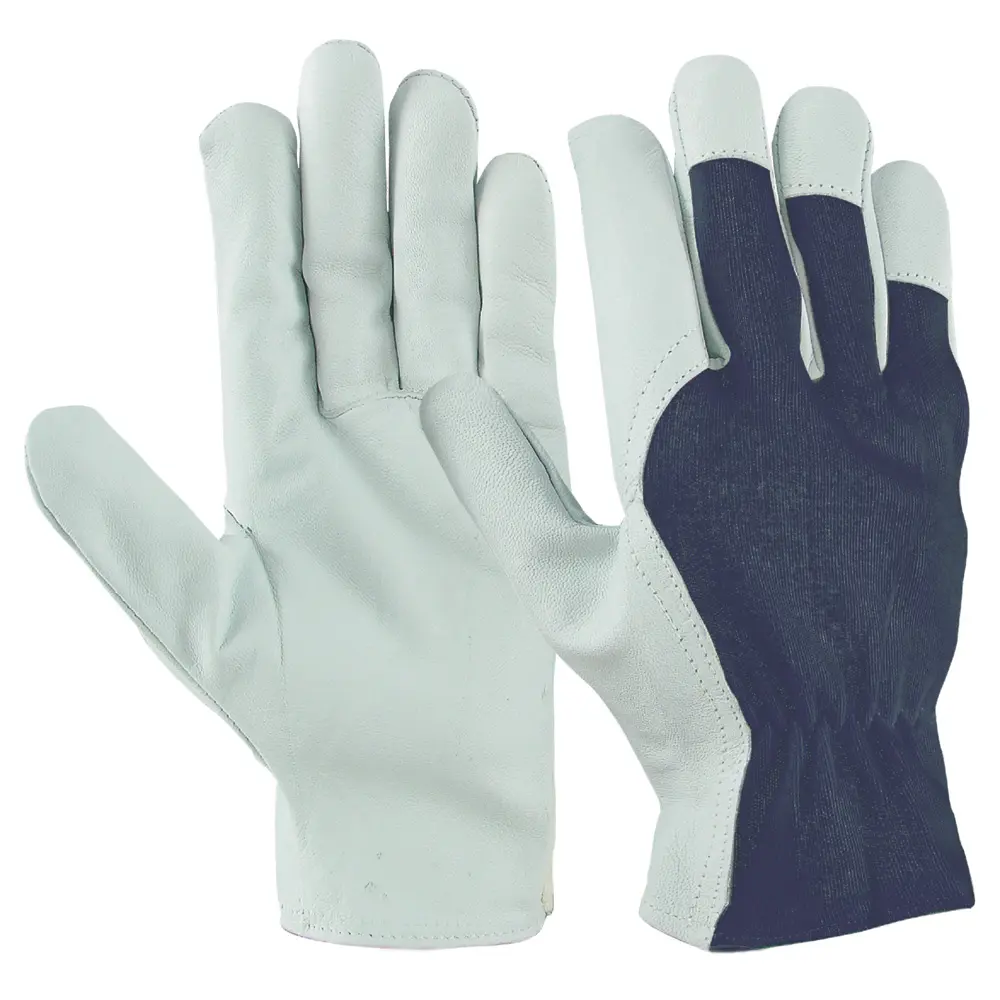 Gants de travail en cuir de chèvre avec dos en cuir de coton bleu Interlock Gants de protection de l'assemblage du travail de sécurité industrielle