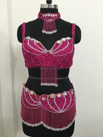 Trajes de Danza del Vientre Profesionales para Mujer, Estilo Sexy, Conjunto Egipcio de 3 Piezas, Satén, para Competición, Tribal, con Sujetador, Cinturón y Collar