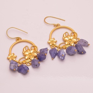 Pulseras de piedras preciosas de tanzanita natural, joyería hecha a mano para niñas, Pendientes chapados en oro flash de latón real, fabricante de joyas - Product Image 1