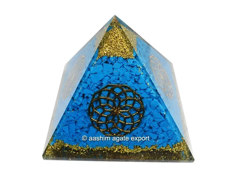 Latest Turquoise Chips Orgone Pyramid with Four Side Flower of Life Metal Designs Wholesale Flower of Life Orgone Pyramid