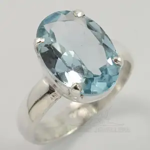 Cincin Perak Murni 925 Halus Pria Wanita, Memilih Semua Ukuran Natural Batu Permata Topaz Biru Pedagang