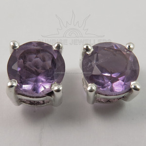 Checker Stud Post Natural AMETHYST CRYSTAL SMOKY QUARTZ Gemstones <b>Handmade</b> Third Party Certified 925 Pure Sterling <b>Earrings</b> - Product Image 2