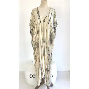 Tie dye imprimir vestidos mulheres longo turno vestido kaftan rayon tecido v-neck boho estilo folgada confortável desgaste