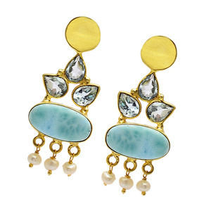 CASA DE PLATA Boucles d'oreilles chandelier en argent sterling 925 faites à la main véritable topaze Larimar perle pierre précieuse plaqué or grossiste - Product Image 1