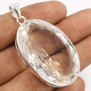 Indian Casual 925 Solid Sterling Silver Charming Solitaire Pendant Natural CRYSTAL QUARTZ Oval Shaped Gemstone - Product Image 1