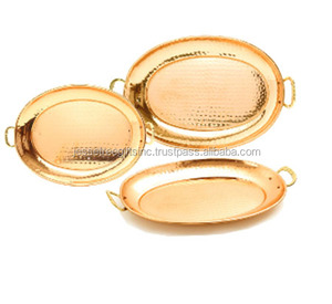 Metal Tray With Copper Plating Finishing Hammered Design Round Shape With Two Side Handle High Quality For Serving Set Of Three