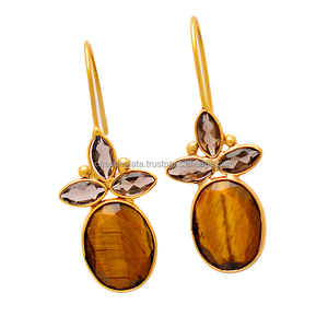 Ojo de Tigre y piedra preciosa de cuarzo ahumado Pendientes hechos a mano de Plata de Ley 925 Pendientes de moda para fiestas de regalos de boda. - Product Image 2