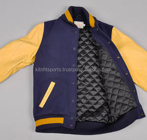 Custom Design 2025 Wholesale Bomber Letterman High Quality Gold <b>Yellow</b> Sleeve Varsity College <b>Jackets</b> Navy Blue - Product Image 1