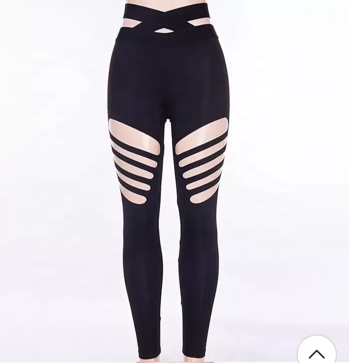 ข้ามร่างกายเอวแถบ Legging เซ็กซี่ Wholes ตัด Elastic Push Up กางเกงออกกำลังกายฟิตเนสสวม