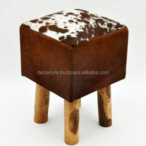 Tabouret rond en cuir de vache, blanc et marron, offre spéciale - Product Image 4