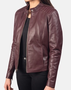 Chaqueta de motociclista de cuero granate, prendas de vestir exteriores de moda para mujer, piel de cordero genuina suave, cómoda y elegante, uso diario - Product Image 4