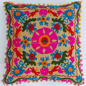 Light <b>Brown</b> Suzani Woolen Embroidery Cotton Square Cushion Cover Home Textile Handmade Indian Zipper Pillow Case for Hotel Use - Product Image 4