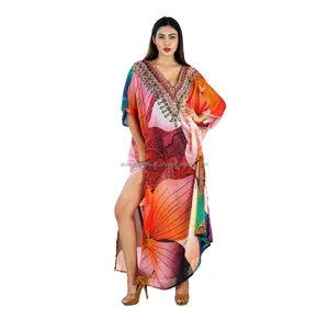 Kaftan baju Kaftan wanita, pakaian wanita etnik Digital dicetak dengan leher desainer Multi warna cerah, perhiasan Kaftan