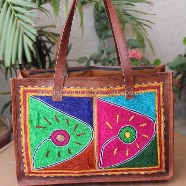 Natural Goat Leather Multi Color Embroidery 16 Inch Handbag Tote Style Bag