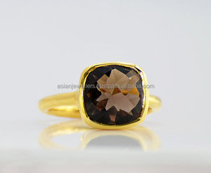 925 Sterling Silver Natural Smoky Quartz Gemstone Handmade Gold Vermeil <b>Wedding</b>/Party <b>Ring</b> Bezel Setting Inlay Elegant Jewelry - Product Image 1