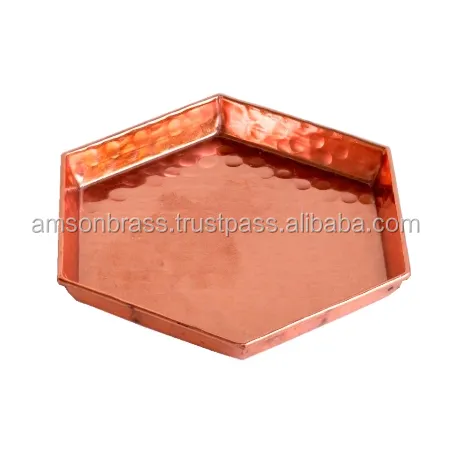 Tabletop Hexagon Shaped Metal Pure Copper Hammered Tray Hotel & Restaurant Serving Tray