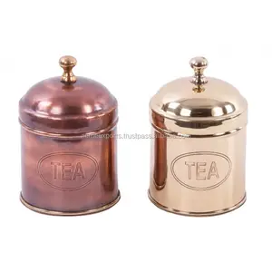 Lata de té en latón con acabado antiguo de cobre | Caja de lata de té de diseño Vintage | Juego de botes de azúcar de café, té de metal plateado - Product Image 1
