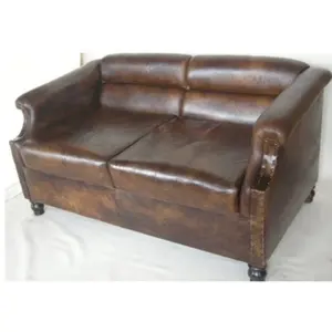 Chesterfield-sofá de dos plazas con acabado antiguo marrón, mueble Convertible francés de cuero de la mejor calidad para sala de estar