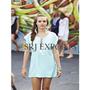 Vestido Mini de Algodón Tejido Azul Claro con Manga Casquillo, Cuello con Lazo y Decoración de Borlas, Corte Holgado, Estilo Casual de Verano - Product Image 2