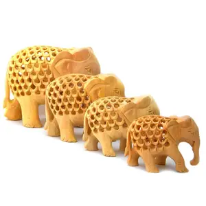 Fine Carving Different Sizes Wooden Elephant Set Trunk Down 4 pcs set Under Cut Design with Baby Elephant Inside Tummy