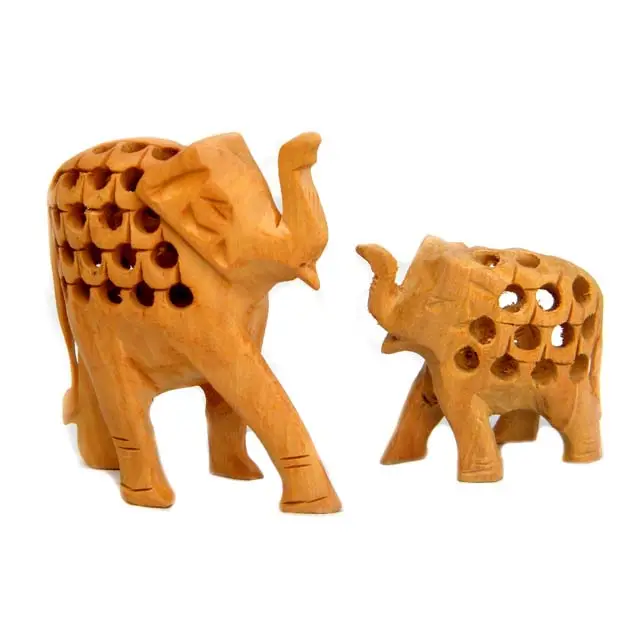 Indian Hand made Handcrafted Wooden Jali Undercut Elephant Set Trunk Up and Trunk Down Carving Plain Elephant pair Decoration