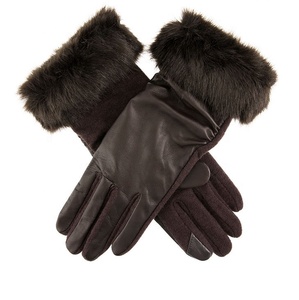 Gants à écran tactile en cuir pour femmes avec manchette en fausse fourrure Gants de conduite en peau d'agneau élégants Accessoire d'hiver fonctionnel élégant - Product Image 3