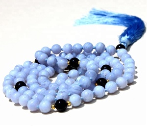 Collier Mala long en agate bleue de 8 mm à facettes, perles de qualité supérieure, avec tourmaline noire, fait à la main, bijoux en pierres précieuses unisexe pour le bouddhisme - Product Image 3