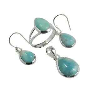 Venta en línea 925 Sterling Silver Larimar Gemstone Earring Ring Set Fancy Silver Jewelry Proveedor - Product Image 1