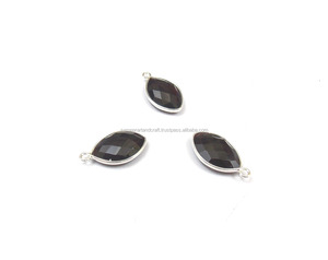 Conector de Joyería Boho con Bisel de Plata de Ley 925/Latón Chapado, Cuarzo Ónix Negro de 9x15mm, Gema Natural, Forma Marquesa, de Moda - Product Image 3