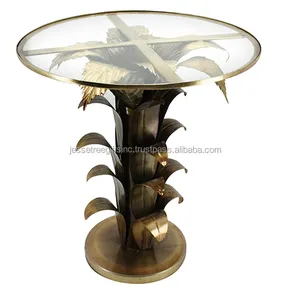 Handmade Metal Sheet & Clear Glass Coffee Table With Antique Copper Finishing Round Shape Dates Tree Design For Living Room