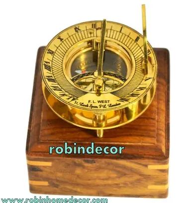 Nautical Vintage 3" BRASS SUNDIAL - Hardwood Wooden Box - NAUTICAL FL WEST POCKET COMPASS GIFT