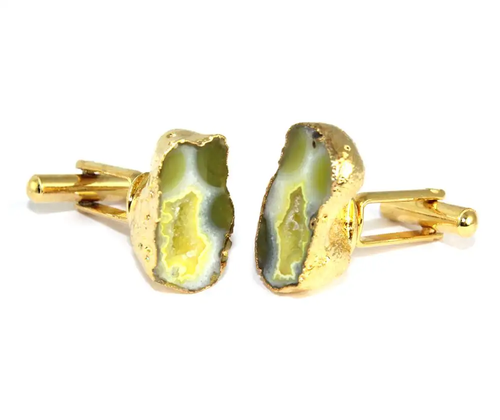 Best Selling Natural Gemstone Men's Jewelry Cufflinks 24k Gold Plated Lemon Geode Druzy Cufflinks Jewelry