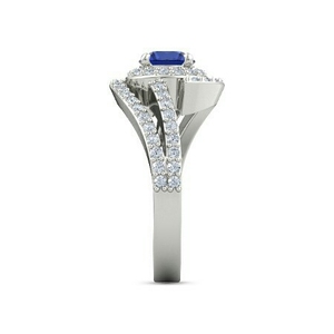 14K oro blanco redondo corte brillante azul zafiro diamante punta ajuste anillo de mujer - Product Image 3