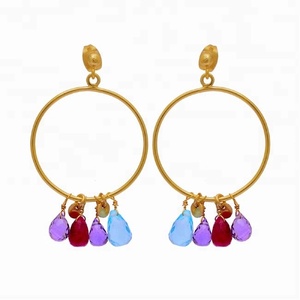 Solid 925 <b>Sterling</b> <b>Silver</b> Gold Plated Garnet Blue Quartz Gemstone <b>Hoop</b> Stud <b>Earrings</b> Handmade Jewelry For Women. - Product Image 1