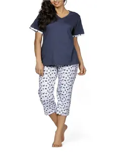 Women's V-neck top and Capri pant 2 pcs pajama set pyjamas set ladies girls women home wear casual wear loungewear sleepwear