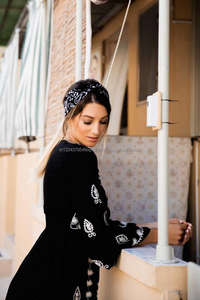 Aari − robe en dentelle pour femmes, trapèze, brodée, col en V, manches en cloche, dos élastique, élégante, longue tenue, Cover-Up, Kaftan - Product Image 3