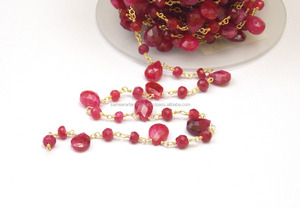 Gemstone Dyed Ruby Gold Plated <b>Wire</b> Wrapped Rosary Chain - Product Image 2