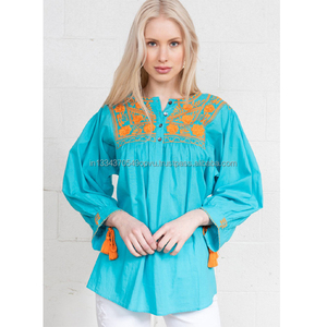 Vêtements en gros femmes été col rond bouton avant chemisier brodé fleuri coton Style Hippie mexicain fantaisie haut Sexy - Product Image 1