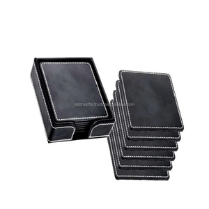 Conjunto de posavasos cuadrado de cuero, color negro - Product Image 1